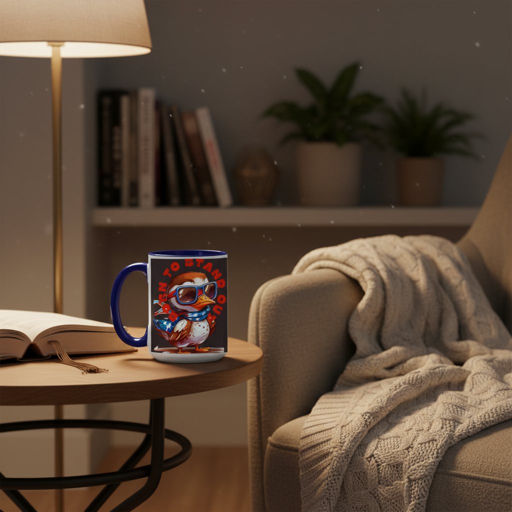Midnight blue two-tone duck mug in cozy reading nook evening scene