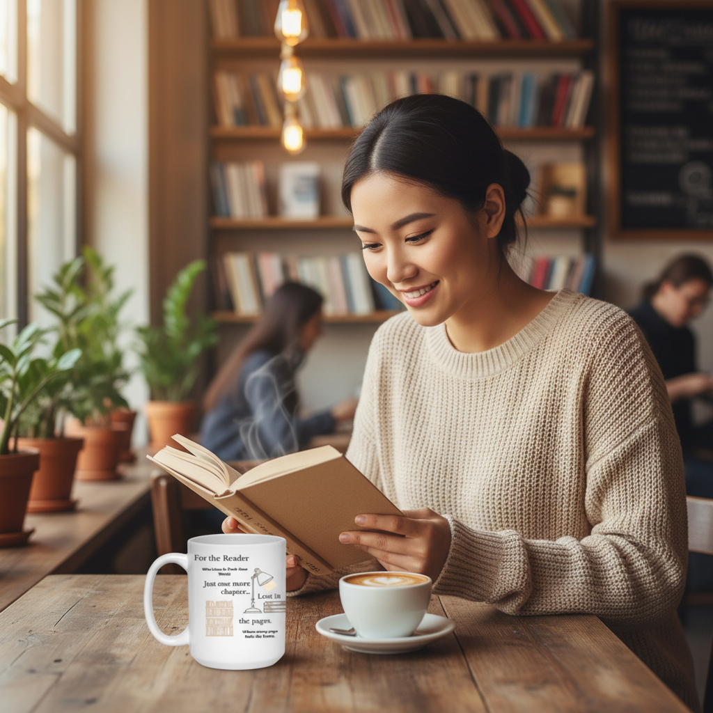 Woman at cafe reading with the Reader mug