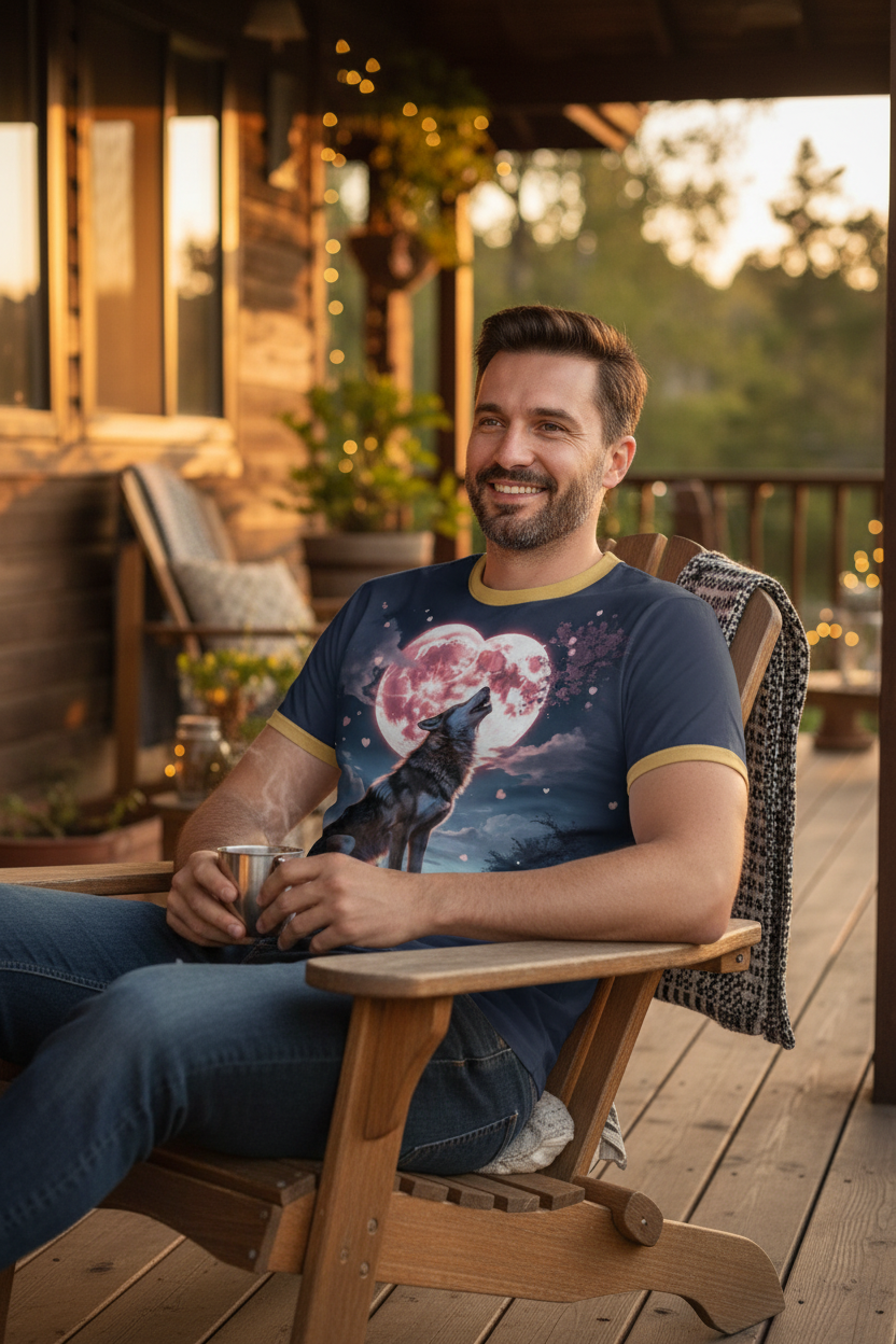 Timber Wolf ringer tee worn by Middle Eastern man at cabin porch