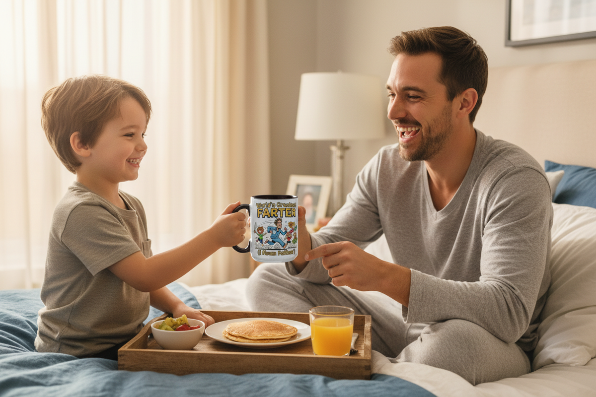 Child presenting World's Greatest Farter mug to dad on Father's Day breakfast in bed tray
