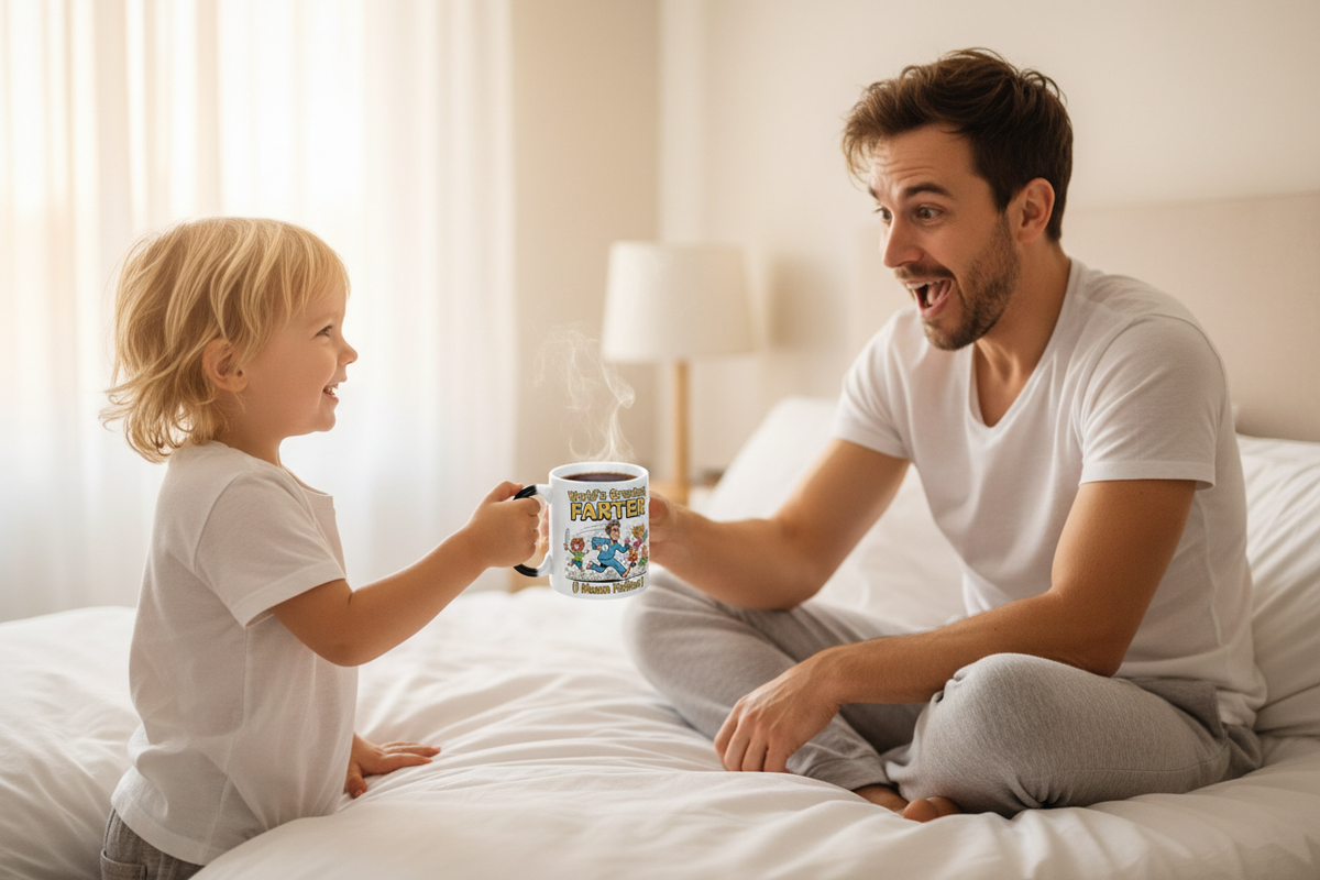 Child surprising dad with activated World's Greatest Farter color-changing mug on Father's Day morning
