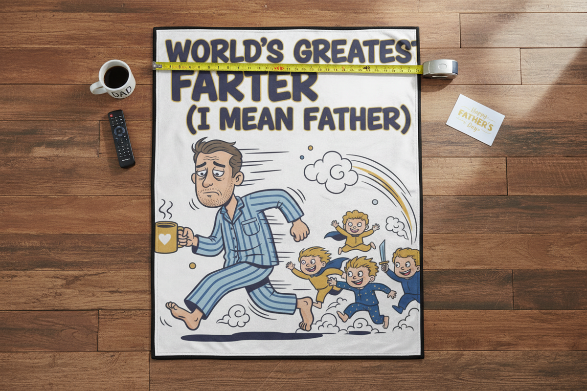 Flat lay overhead of World's Greatest Farter 60x80 blanket with Father's Day props