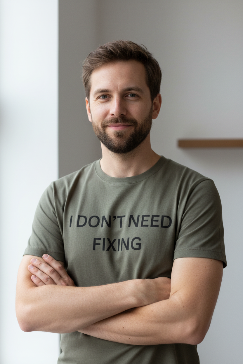 Man wearing I Don't Need Fixing neurodivergent tee
