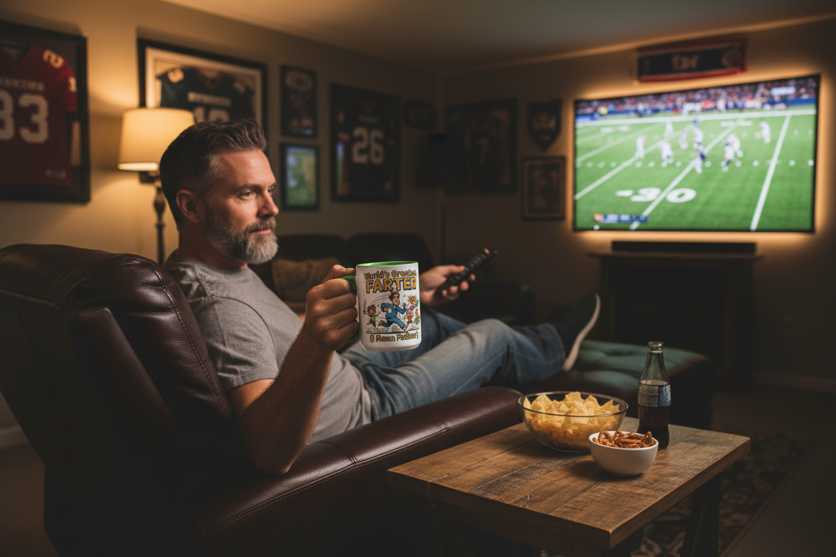 Dad in recliner watching football holding World's Greatest Farter mug