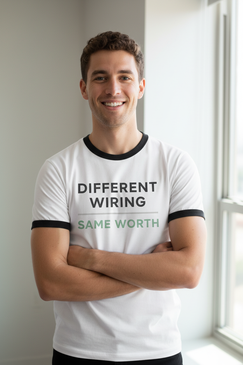 Man wearing Different Wiring white jet black ringer tee