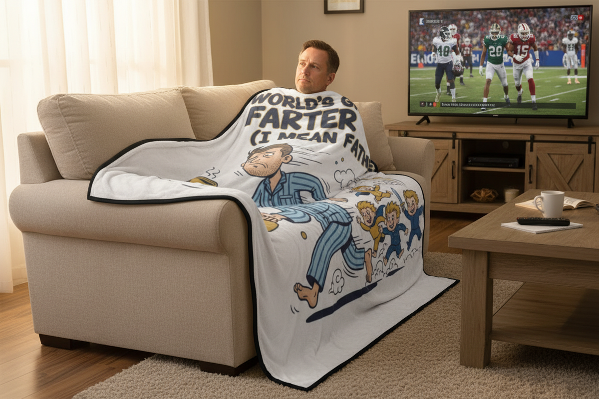 Dad napping under oversized World's Greatest Farter blanket draped over sofa