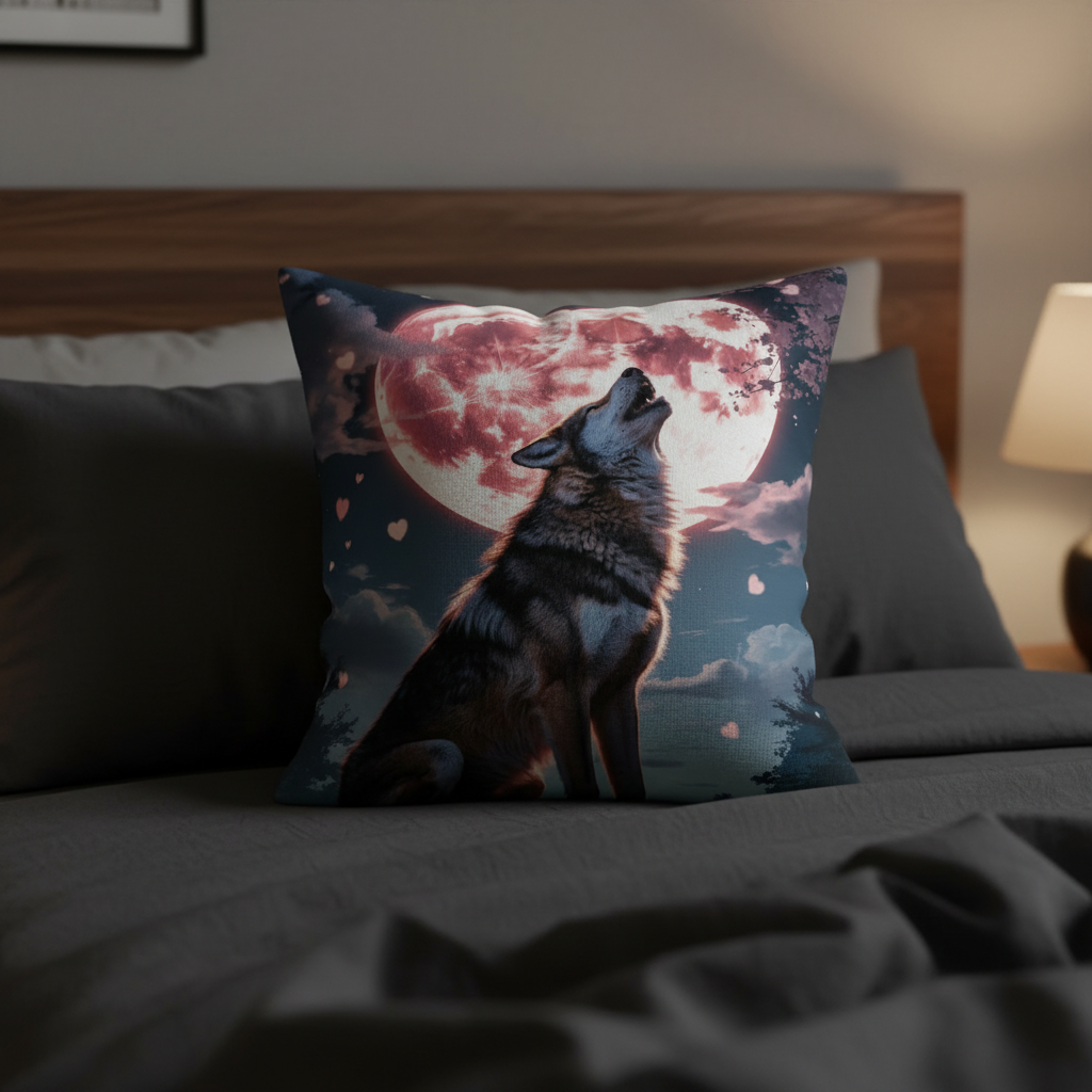 Timber Wolf pillow on dark moody bedroom bed with warm ambient lighting