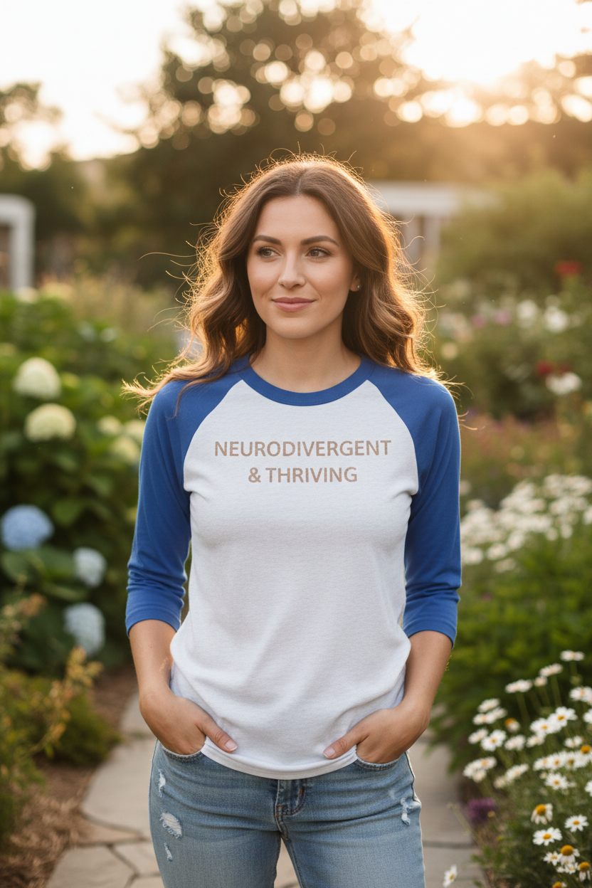 Woman outdoors wearing Neurodivergent and Thriving raglan tee vintage royal