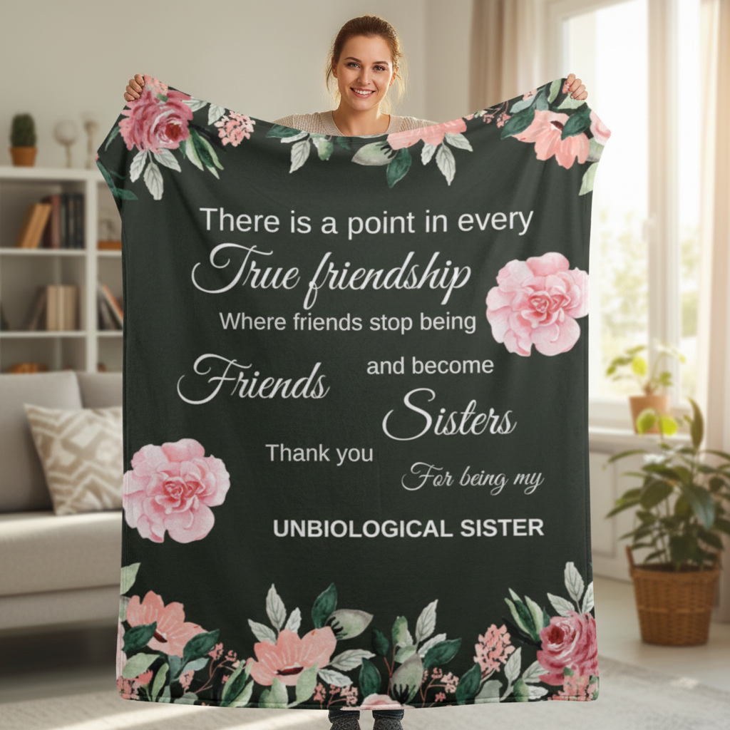 Woman holding True Friends blanket open displaying full design