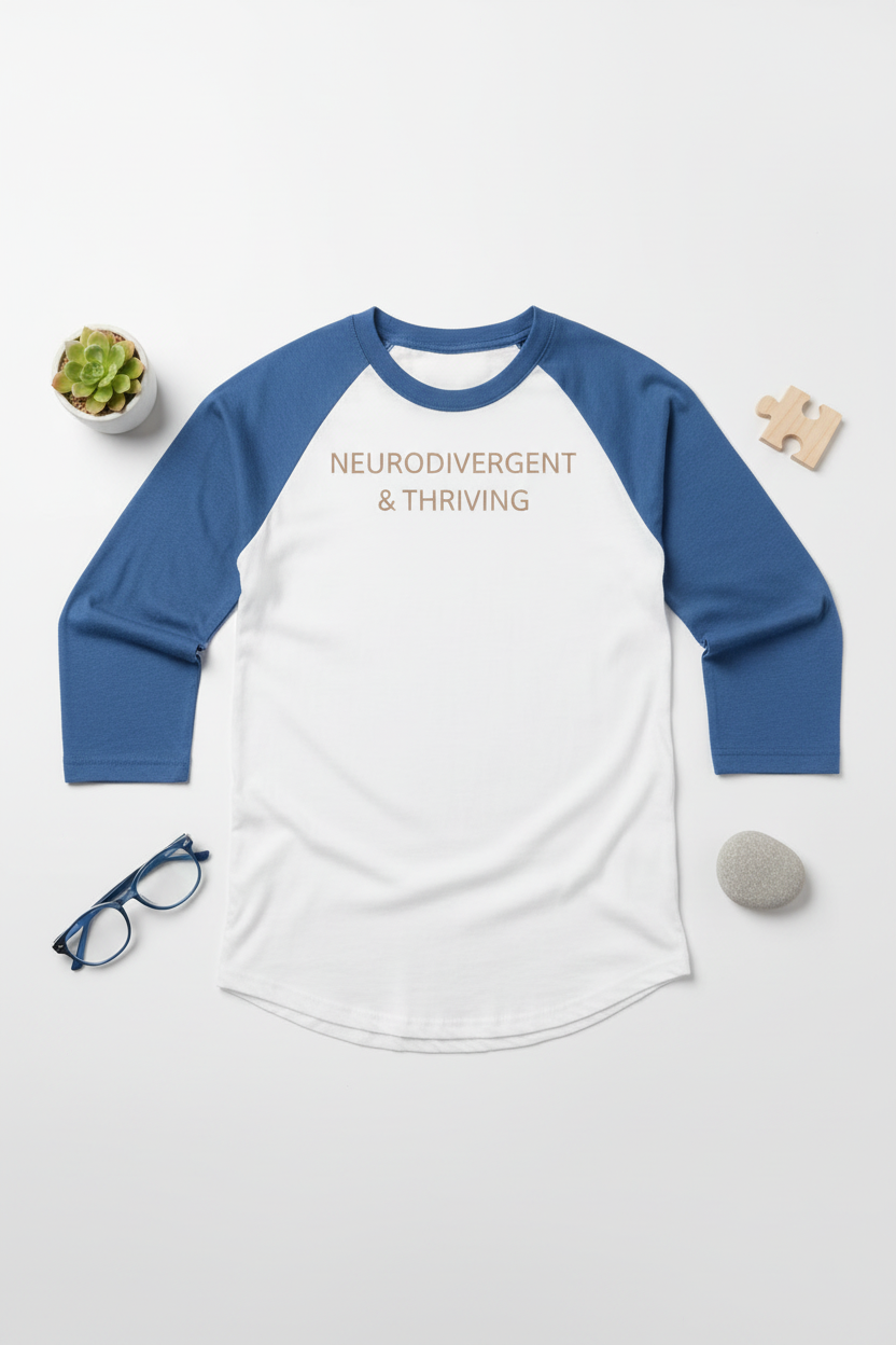 Flat lay of Neurodivergent and Thriving tri-blend raglan tee