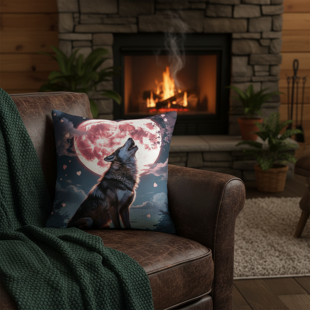 Timber Wolf pillow on leather sofa cabin scene with fireplace glow