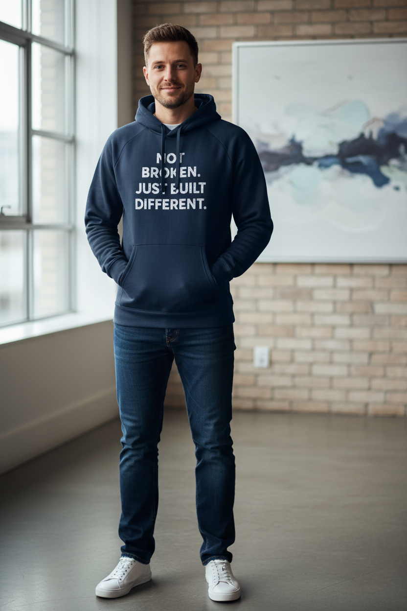 Man wearing Not Broken Just Built Different mid navy Under Armour hoodie