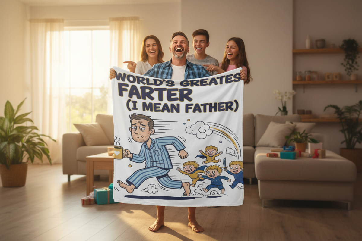 Dad stretching open large 60x80 World's Greatest Farter blanket with family laughing