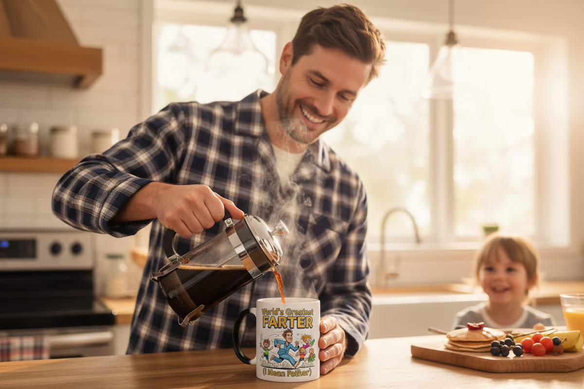 Dad watching magic color-changing mug reveal World's Greatest Farter text as hot coffee is poured