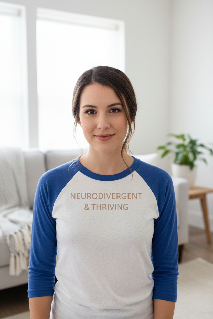 Woman wearing Neurodivergent and Thriving white raglan tee with vintage royal sleeves