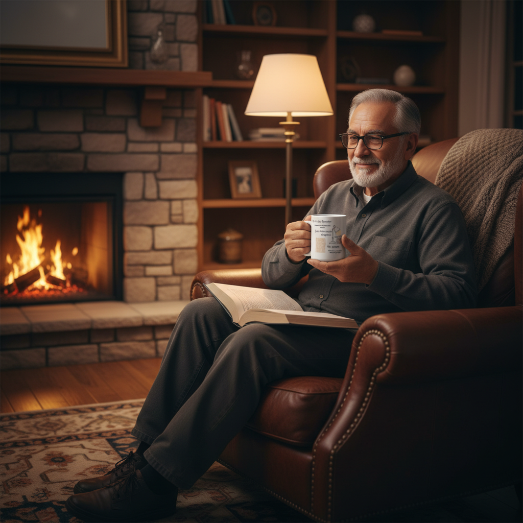 Man reading by fireplace with the Reader mug