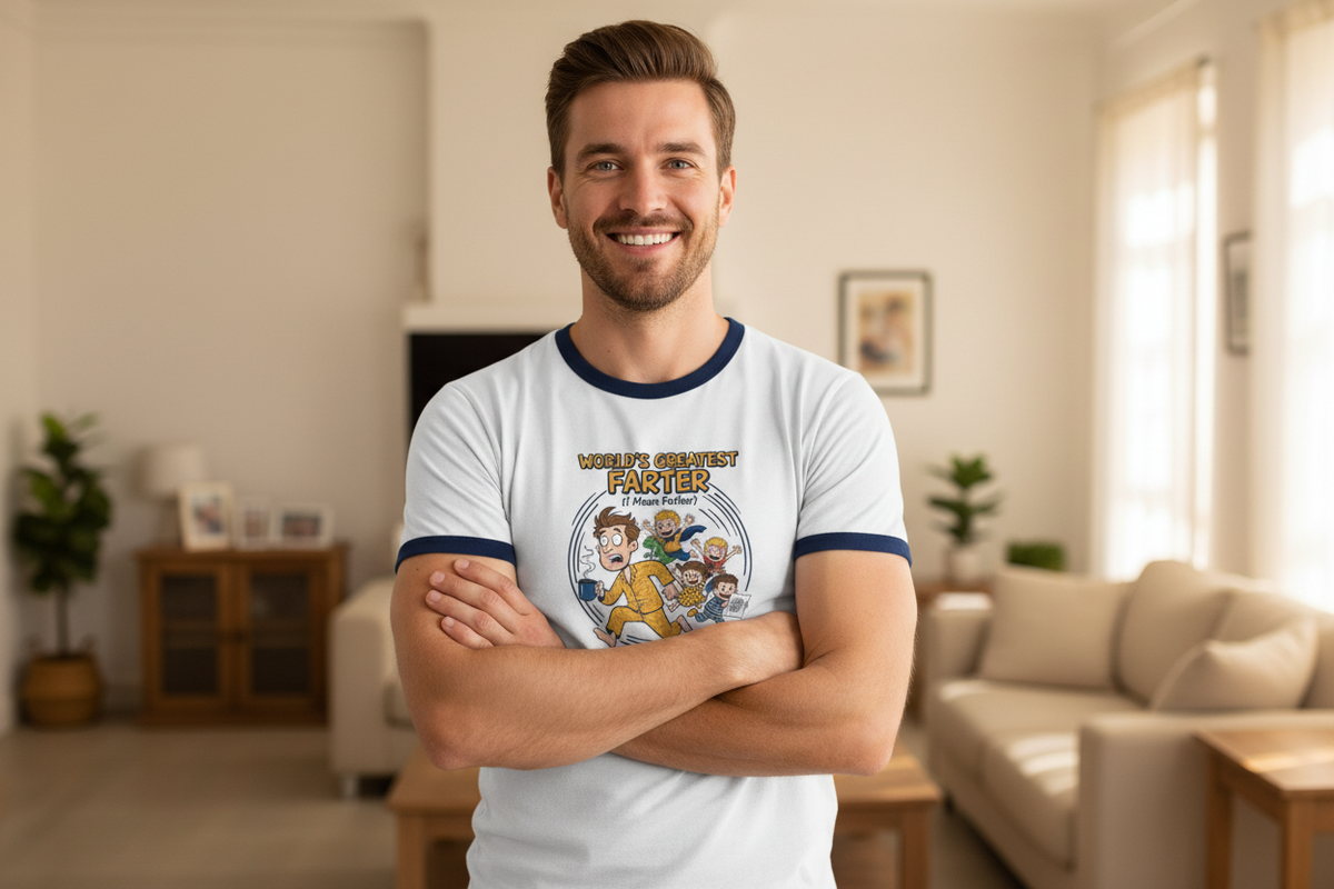 Confident dad arms crossed wearing World's Greatest Farter t-shirt with proud grin