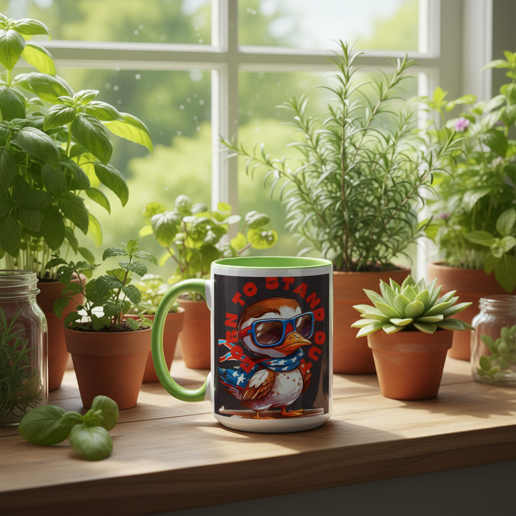 Light green two-tone duck mug on kitchen windowsill with plants