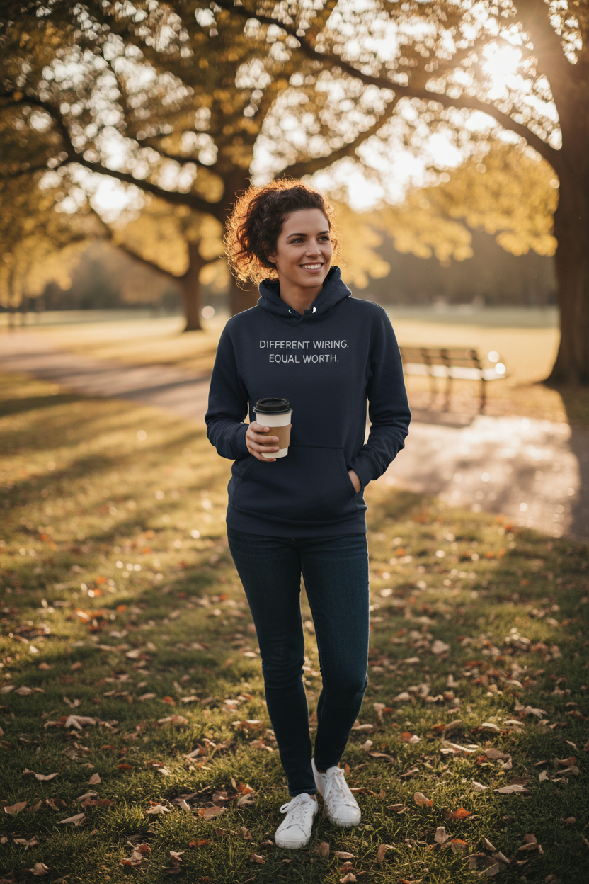 Woman outdoors wearing Different Wiring Equal Worth true navy hoodie