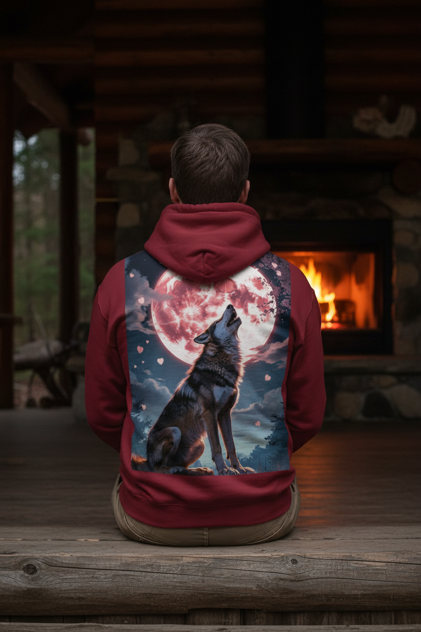 Timber Wolf hoodie back design — Red hoodie, white man on cabin porch