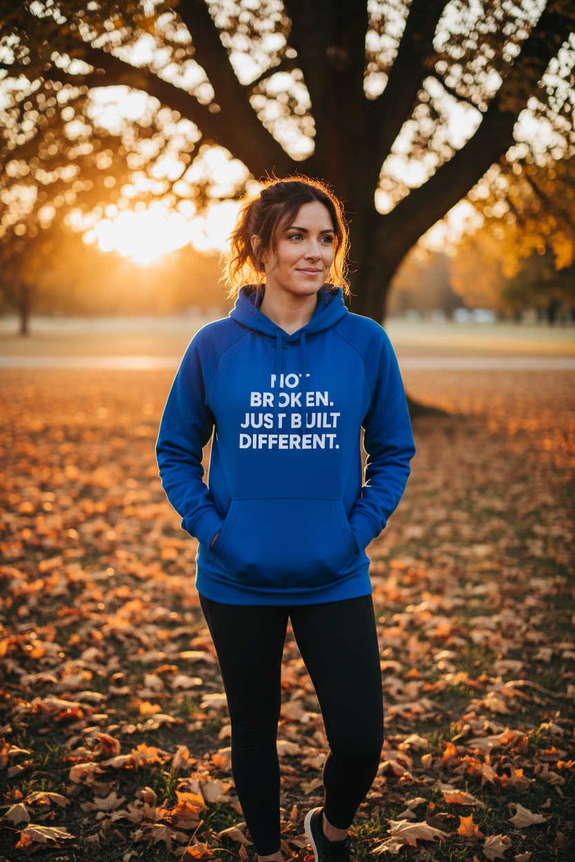 Woman outdoors wearing Not Broken Just Built Different royal blue Under Armour hoodie