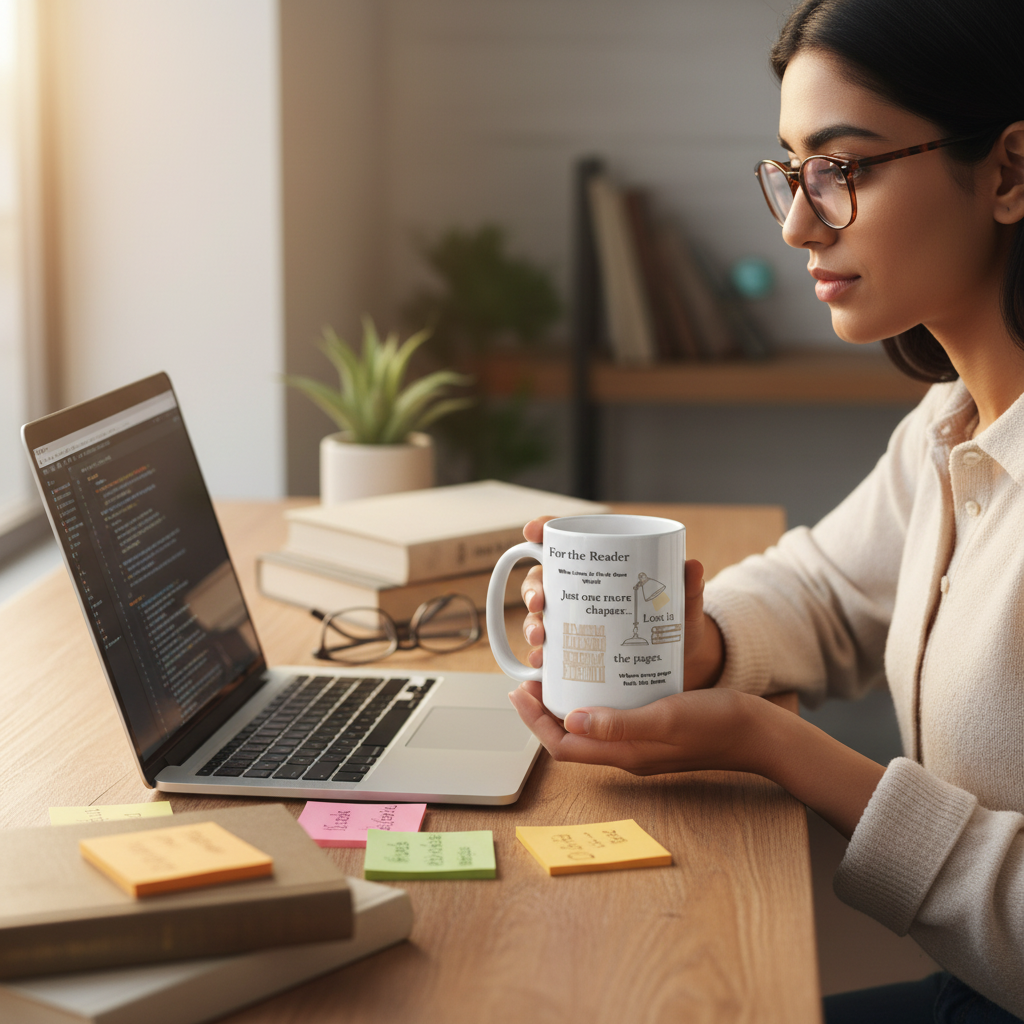 Woman working from home at desk with the Reader mug