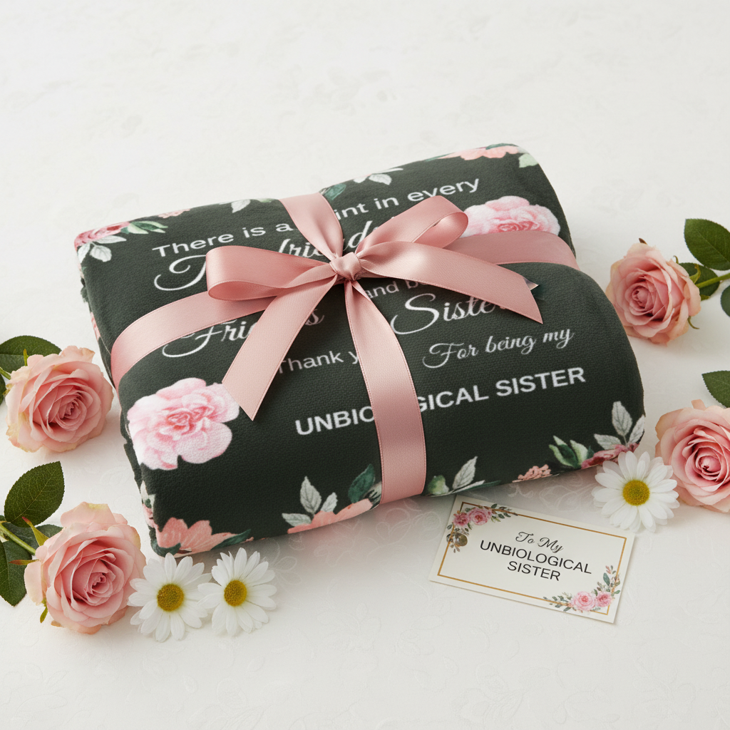 True Friends blanket folded as gift with ribbon and flowers