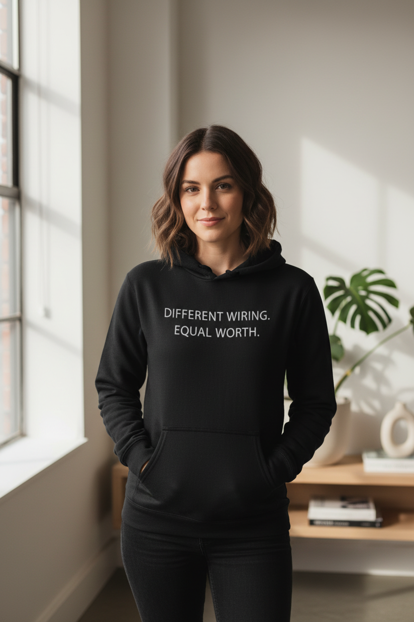 Woman wearing Different Wiring Equal Worth black neurodivergent hoodie indoors
