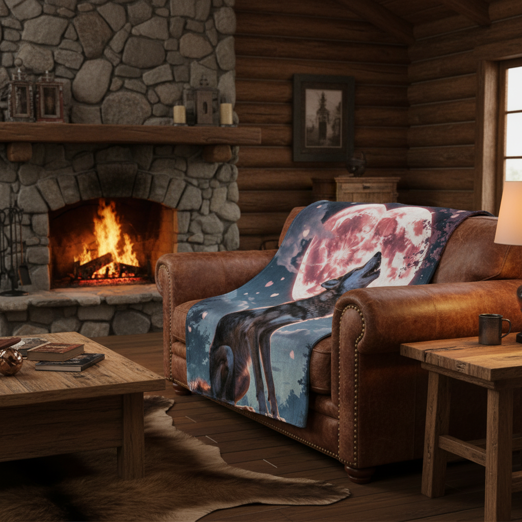 Timber Wolf velvet blanket draped over rustic leather sofa in cozy cabin with fireplace