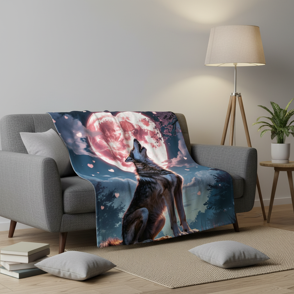 Timber Wolf blanket with heart moon design draped over a cozy couch lifestyle mockup