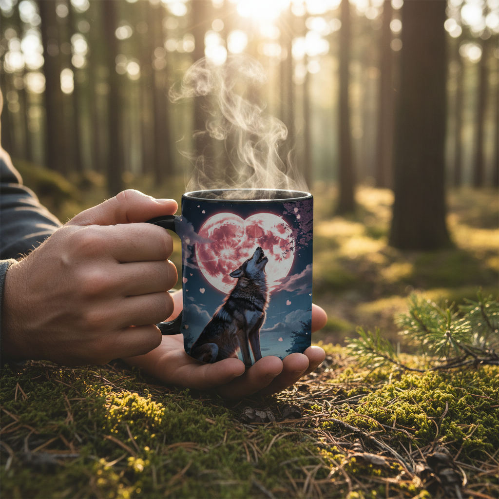 Timber Wolf color changing mug held outdoors in forest at golden hour with steam rising