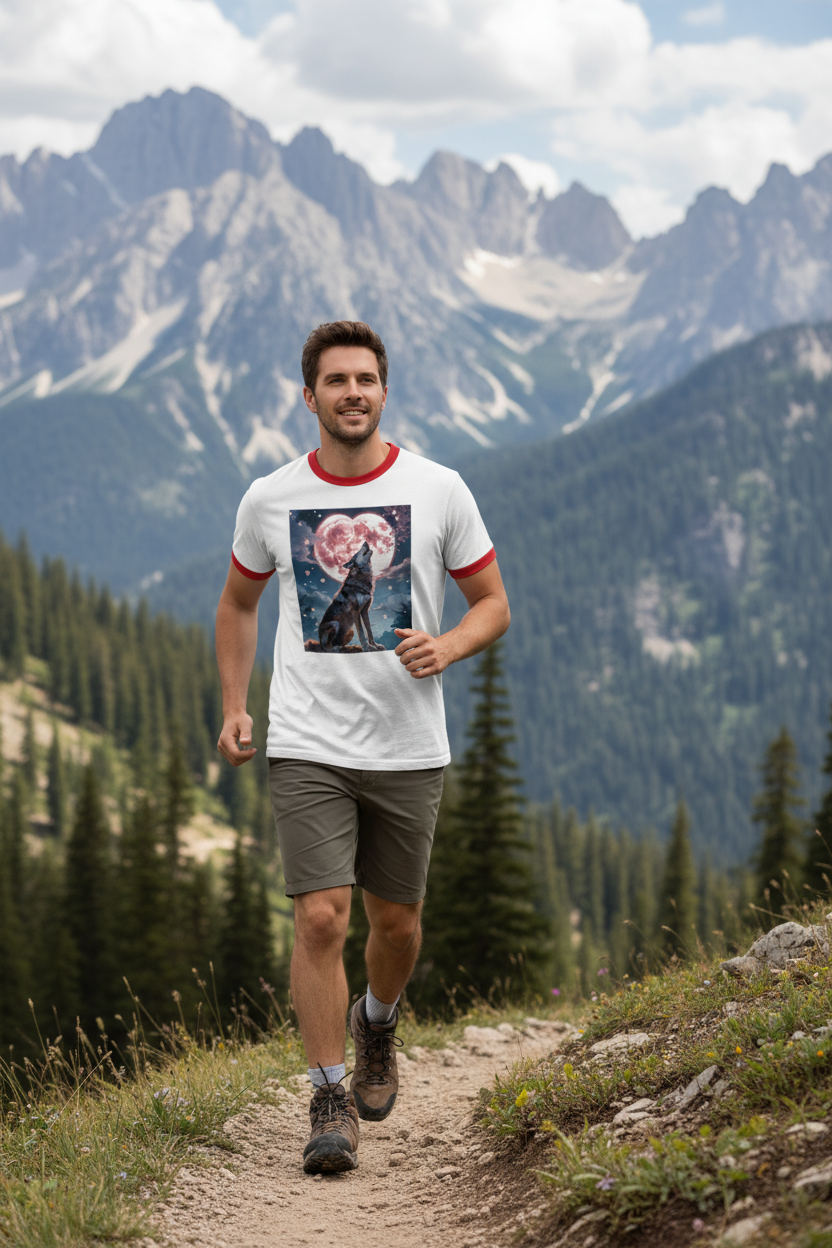 Timber Wolf ringer tee worn by white man hiking on mountain trail