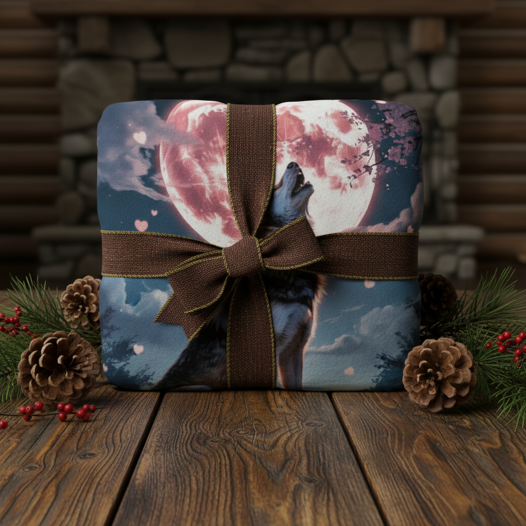 Timber Wolf velvet blanket folded as rustic gift with ribbon on wooden surface with pine cones