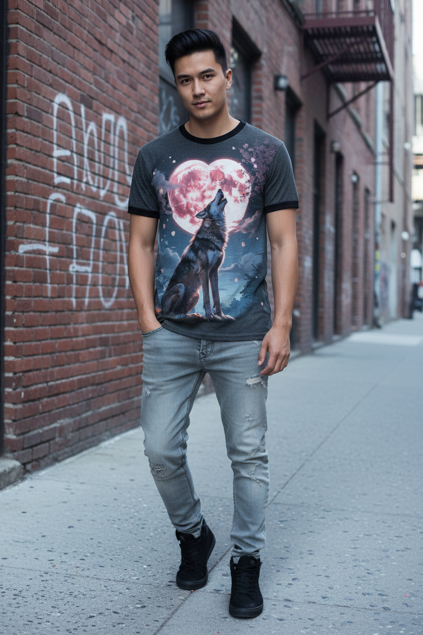 Timber Wolf ringer tee worn by Asian man in urban street setting