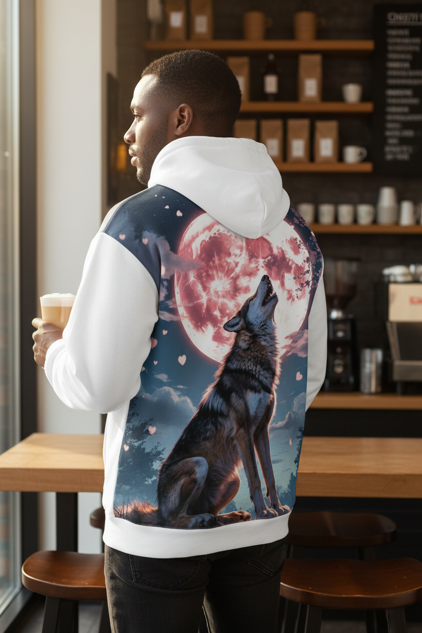 Timber Wolf hoodie back design — White hoodie, Black man in coffee shop