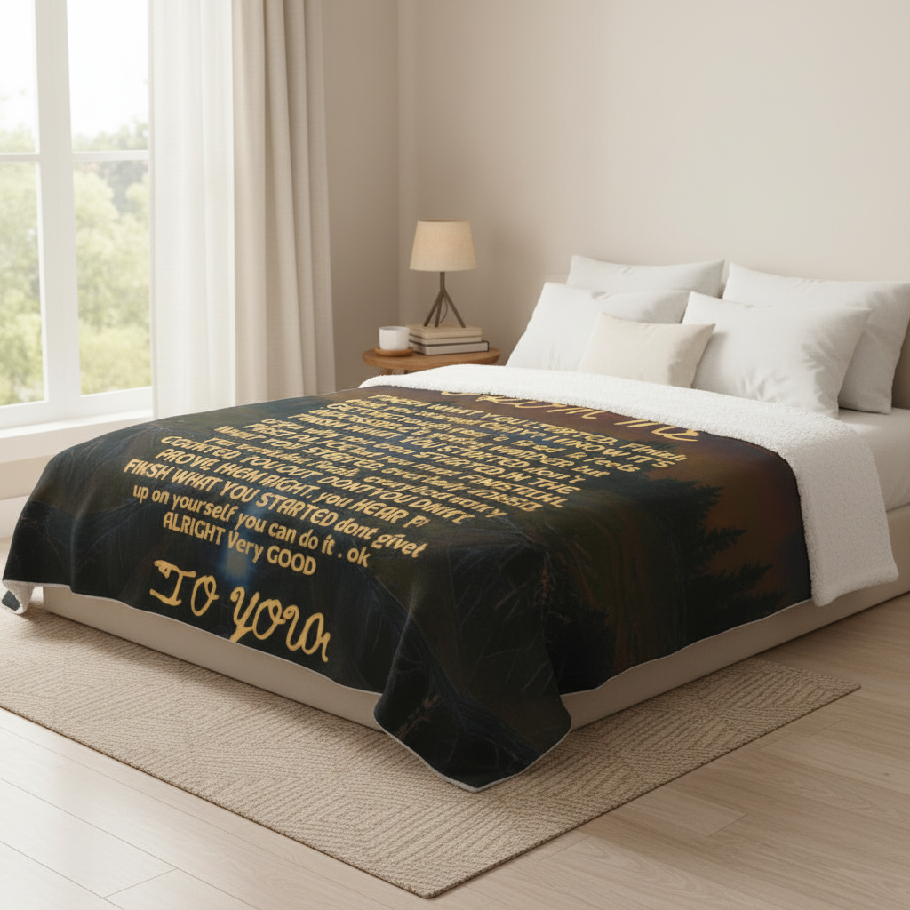 Premium Sherpa blanket fully spread across bed showing complete design edge to edge