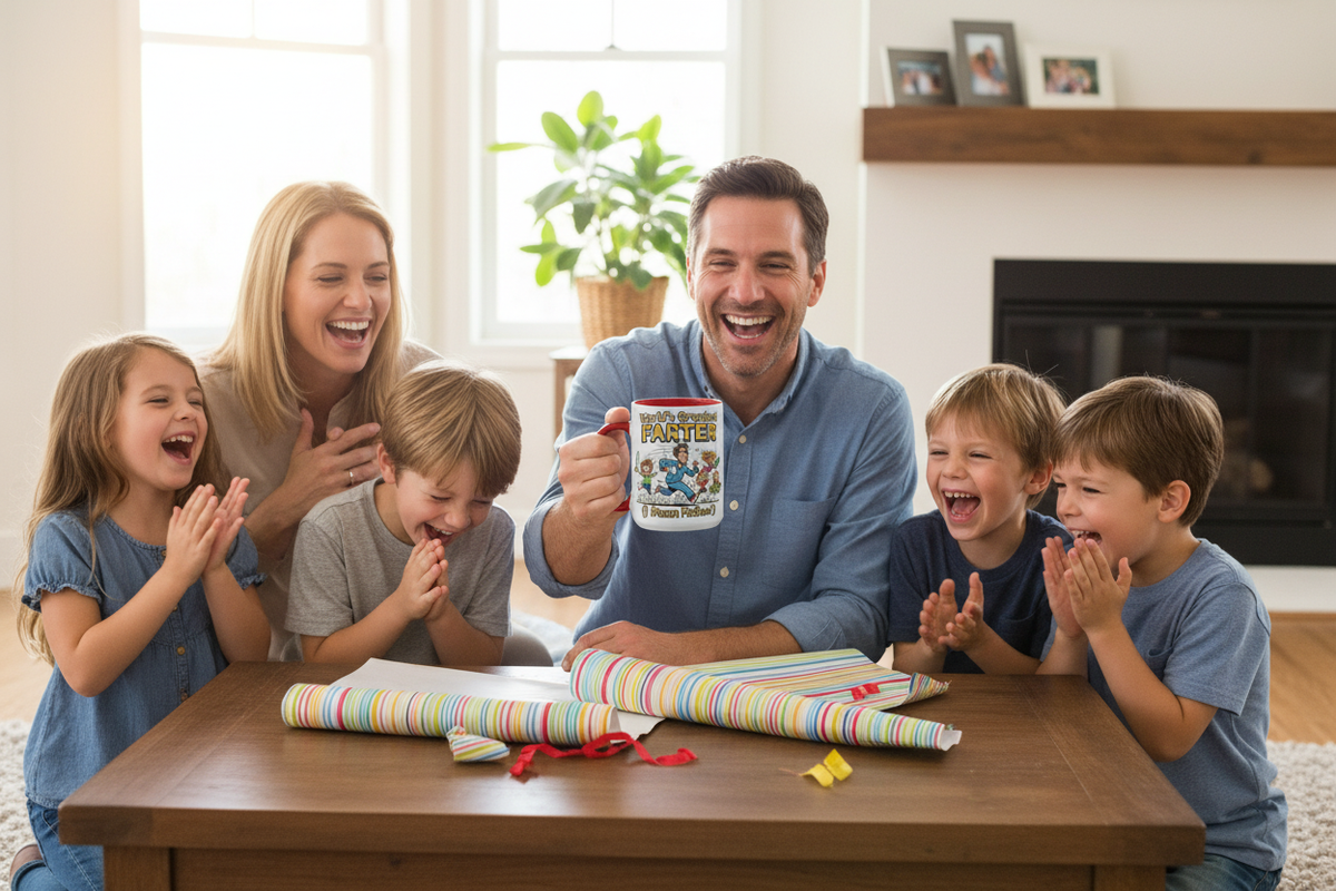 Dad holding up World's Greatest Farter mug laughing during Father's Day gift unwrapping