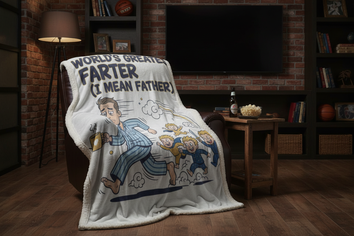 World's Greatest Farter 60x80 blanket cascading over leather recliner in man cave