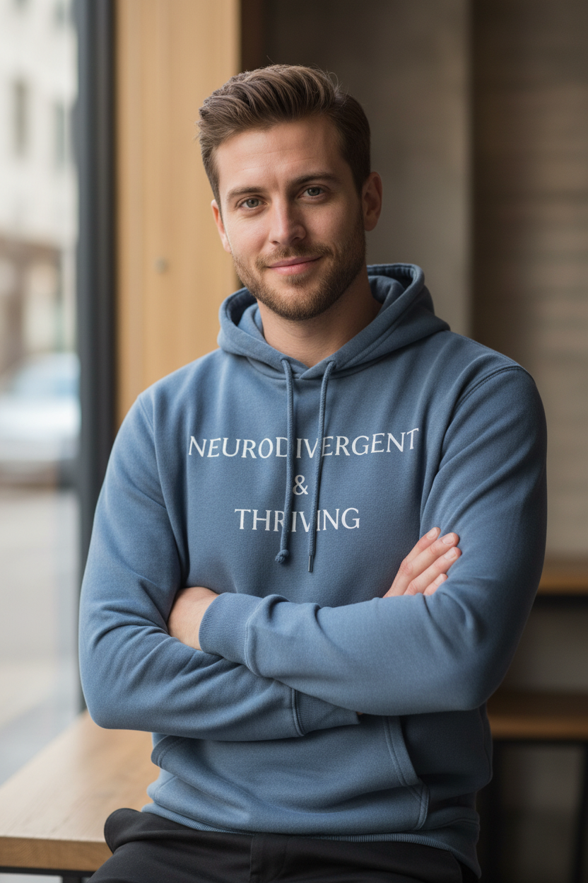 Man wearing Neurodivergent and Thriving blue jean garment-dyed hoodie