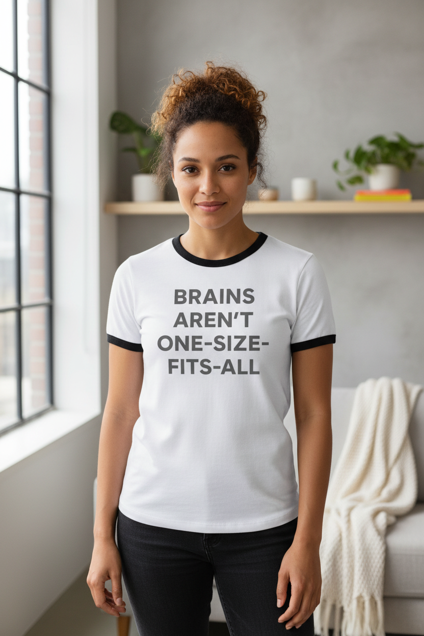 Woman wearing Brains Aren't One-Size-Fits-All neurodivergent ringer tee indoors