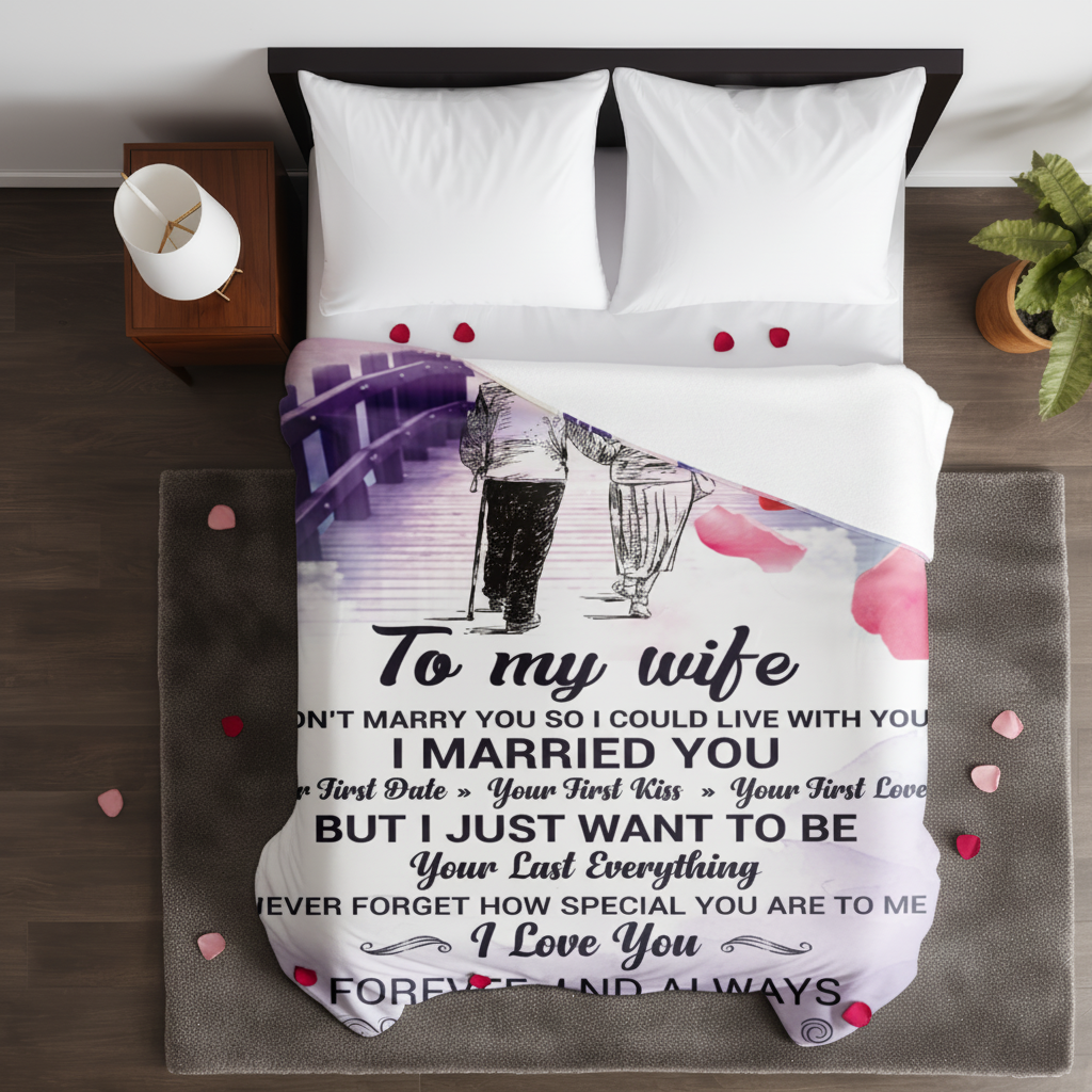 To My Wife cozy arctic fleece blanket spread across bed with rose petals