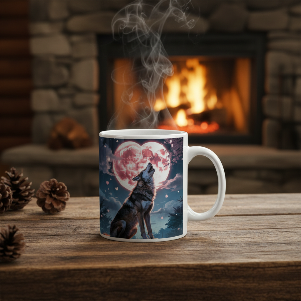 Timber Wolf mug with wolf design revealed on rustic cabin table next to fireplace