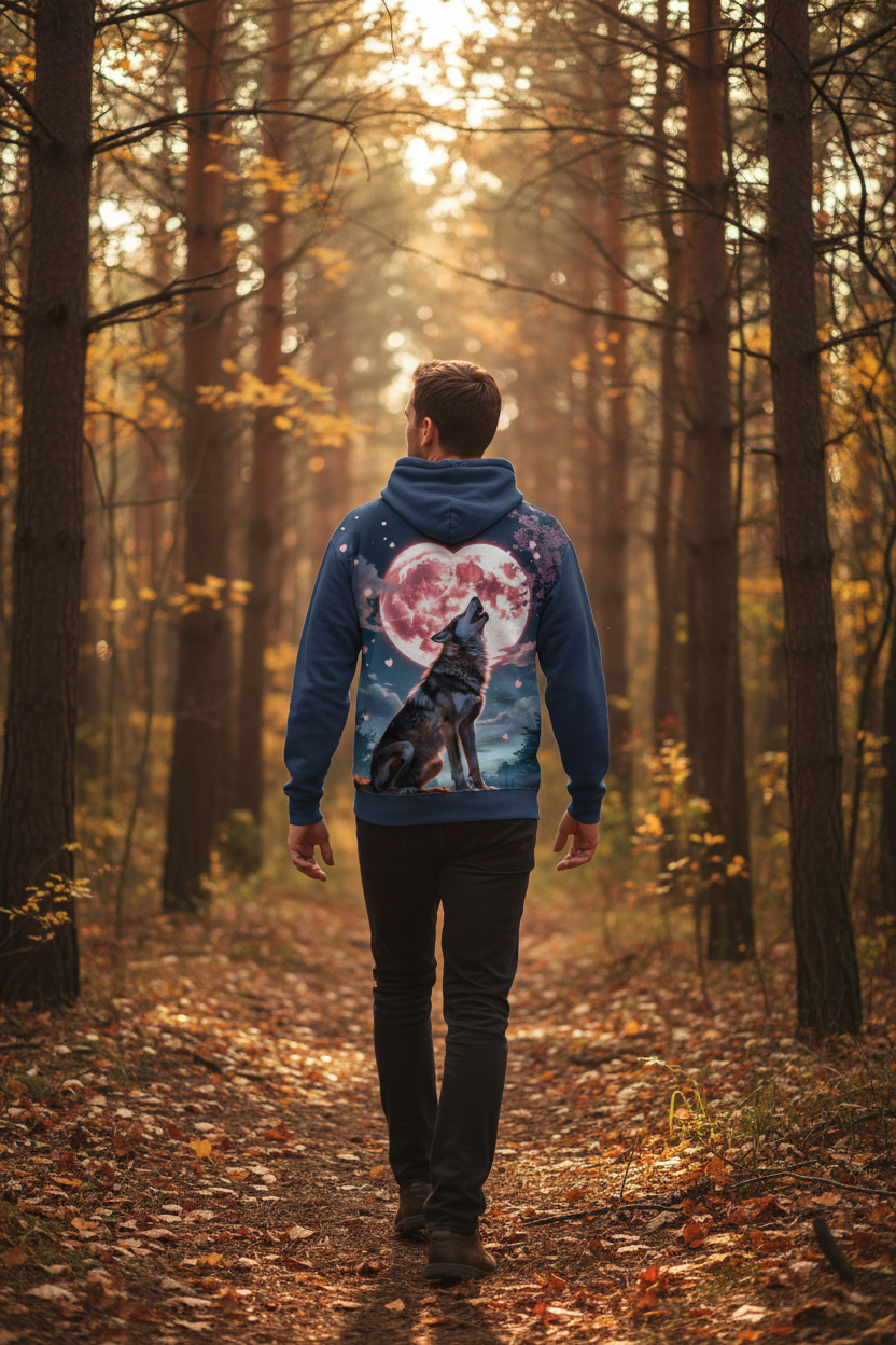 Timber Wolf hoodie back design — Navy hoodie, white man walking through pine forest