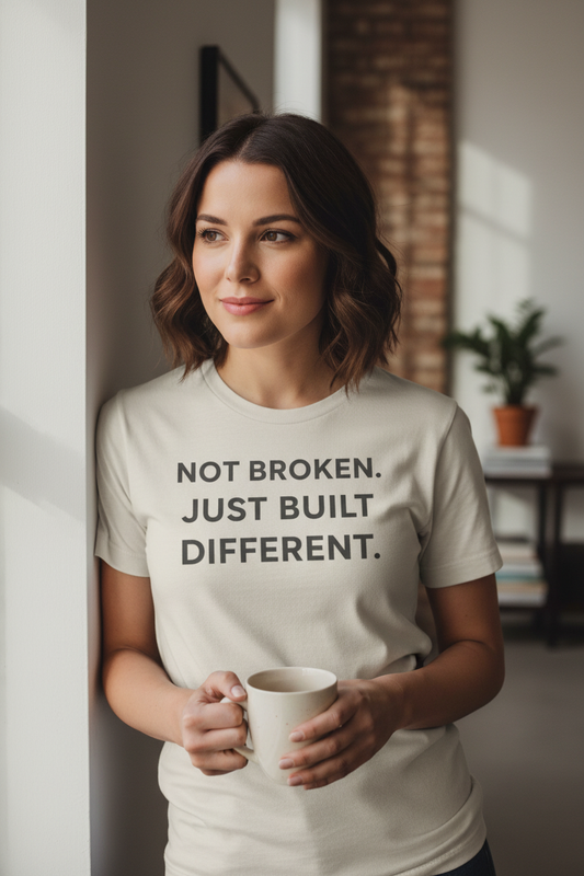 Woman wearing Not Broken Just Built Different off-white neurodivergent tee