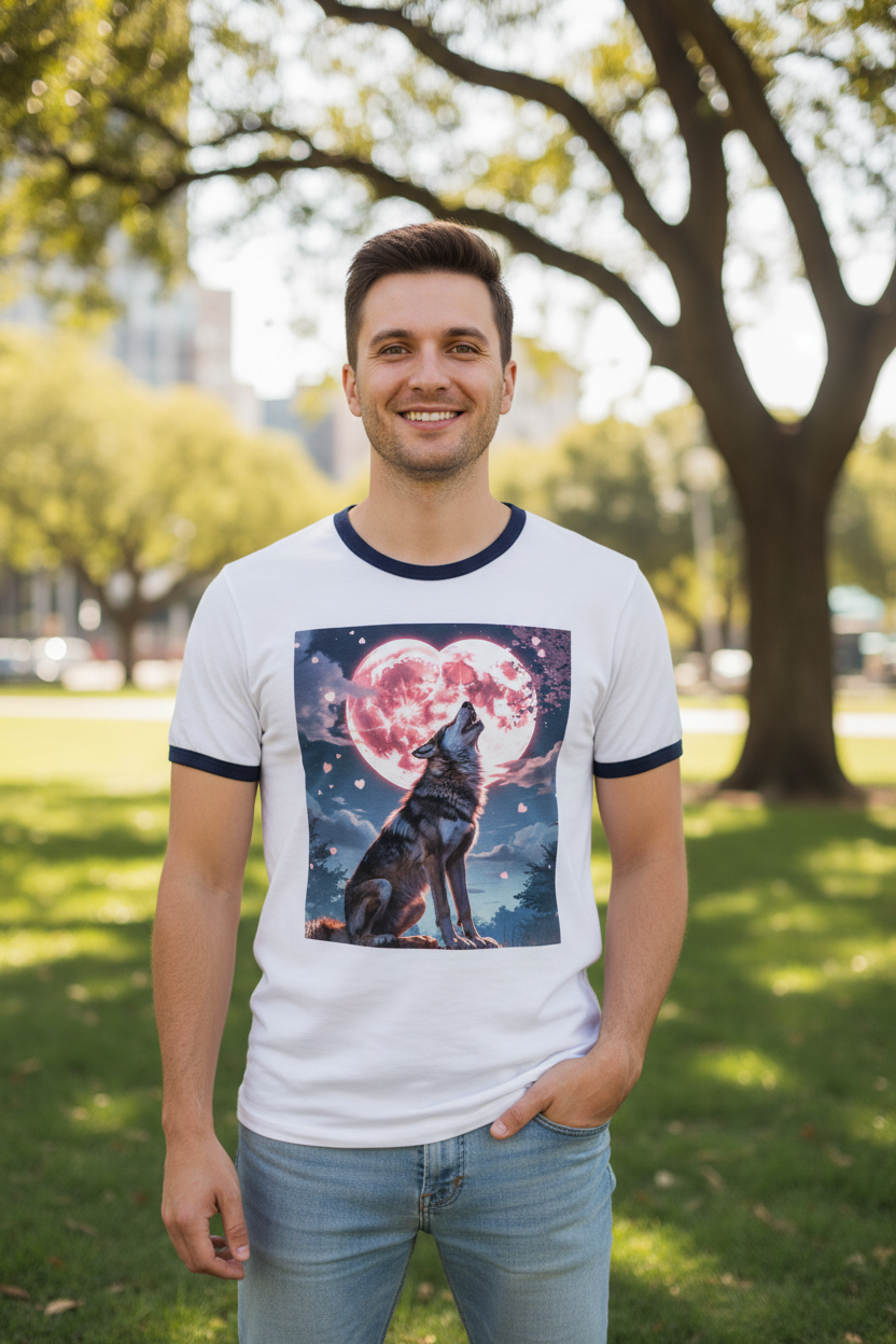 Timber Wolf ringer tee worn by Hispanic man in sunny park setting