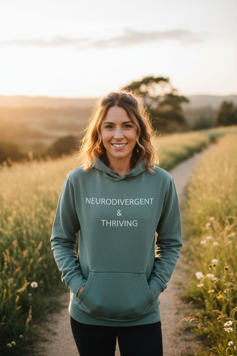 Woman outdoors wearing Neurodivergent and Thriving seafoam hoodie