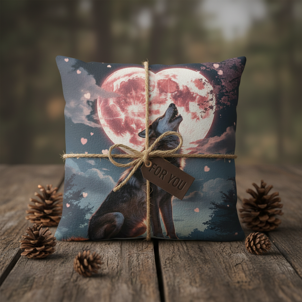Timber Wolf pillow wrapped as rustic gift with kraft paper and twine on wooden surface