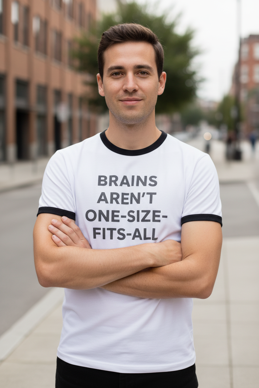 Man outdoors wearing Brains Aren't One-Size-Fits-All neurodivergent ringer tee