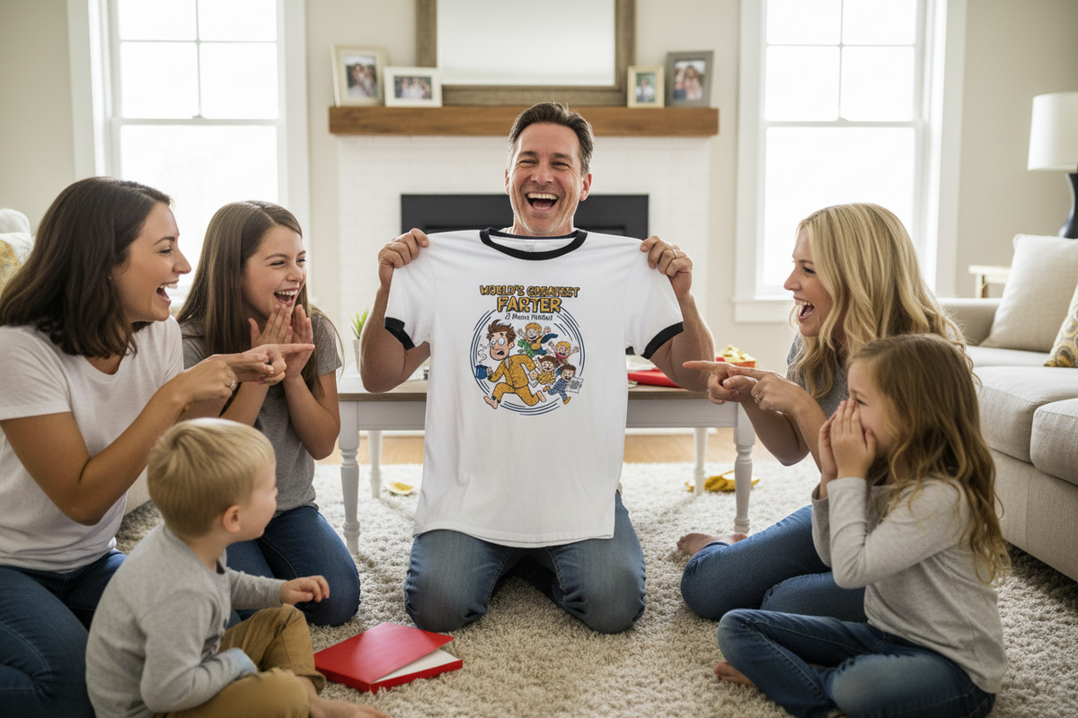Dad holding up World's Greatest Farter t-shirt laughing during Father's Day gift unwrapping