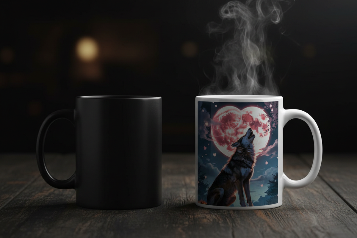 Timber Wolf color changing mug — solid black when cold, bold wolf design revealed when hot